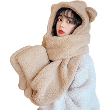 Yucama Bear Ears Şapka Eşarp Eldiven 3'ü 1 Arada Polar Kışlık Bere Skully Şerpa Şapka Kadın Kız Sıcak Peluş Sevimli Balaklava - Bej