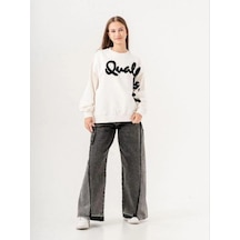 Kız Çocuk Quality Yazılı Pamuklu Sweatshirt-14780 Ekru