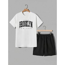 1898 Brooklyn T-shirt Şort - Beyaz Siyah Alt Üst Takım Şort Tişört Kombin Baskılı Bisiklet Yaka Beyaz Siyah