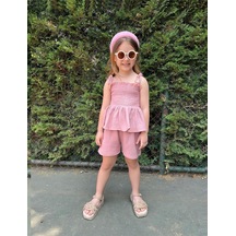 Müslin Kumaş Şortlu Kız Çocuk Takım Pudra