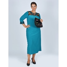 Nidya Moda Büyük Beden V Bant Elbise-4025T Turkuaz
