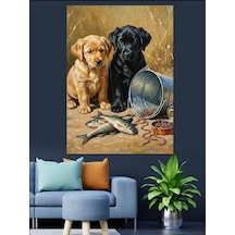 Ahşap Tablo Balık Yiyen Sevimli Köpekler