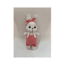 El Yapımı Amigurumi Tavşan Oyuncak - Fiyonklu Tulumlu Örgü 28cm Pembe
