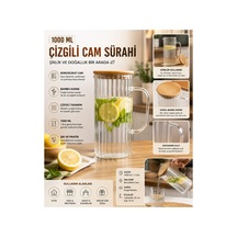 1000 Ml Bambu Kapaklı Çizgili Cam Sürahi 1 Litre Borosilikat Cam Su, Limonata Ve İçecek Sürahisi