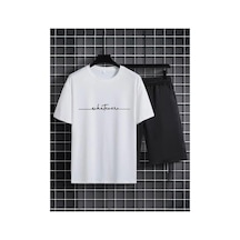 Medinenur El Yazı Detaylı Baskılı T-shirt Short Bol Paça Rahat Kalıp Siyah Alt Siyah Üst Short Takım Beyaz