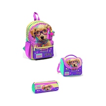 Minik Yuva Sırt Çantası Sarı Pembe Sevimli Köpek Desenli İki Bölmeli 3'lü Set 3set23552