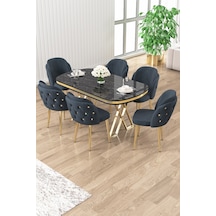 Canisa Zae Serisi 90x168 Lak Panel Siyah Mermer Desen Gold Ayak Masa Takımı 6 Antrasit Sandalye Masa Siyah Mermer Desen Sandalye Antrasit