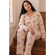 Siyah İnci Desenli Termal Kumaşlı Ultra Soft Yumuşak Büyük Beden Battal Boy Düğmeli Örme Pijama Takımı 26226524 Krem