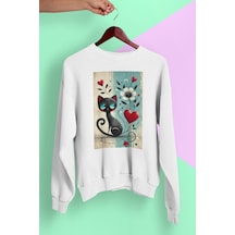 Magors Stıl-x Sevimli Kediler Baskılı Unısex Bisiklet Yaka Oversize Sweatshırt Beyaz-4