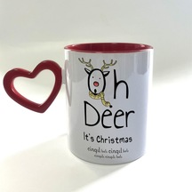 Cingıl Bels Baskılı Boş Kalp Kulplu İçi Kırmızı Yılbaşı Kupası