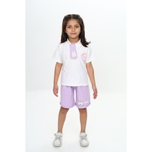 Toontoy Kids Toontoy Kız Çocuk 2'li Takım Baskılı Polo Yaka T-shirt & Beli Lastikli Şort Lila