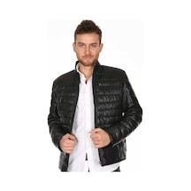 Deriwork Hakiki Kuzu Derisi Fermuarlı Siyah Şişme Üç Cepli Erkek Ceket Siyah Siyah