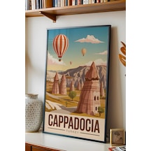 Kapadokya Tablo - Retro Travel Poster - Peri Bacaları Duvar Dekoru - Çerçeveli İllüstrasyon Siyah