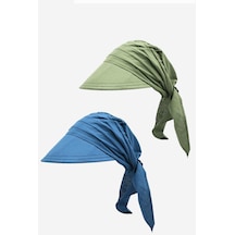 Külah Kadın Bağlamalı Siperli Eşarp Bandana Plaj Şapkası 2li Paket Haki/mavi - Haki