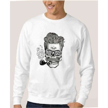 Pipolu Kurukafa Black Baskılı Beyaz Erkek Örme Sweatshirt