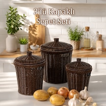 Porsima Pbt-439-1 3lü Hasır Sepet Kapaklı Bambu Sepet Seti Dekoratif Banyo Mutfak Düzenleyici Organizeri Kahverengi