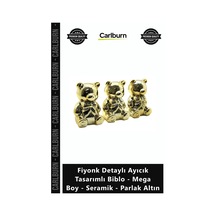 Özel Üretim Lüks Dekoratif Gold Fiyonk Detaylı Ayıcık Tasarımlı Biblo Mega Boy Seramik Parlak Altın
