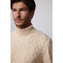 Tudors Slim Fit Dar Kesim Tam Balıkçı Yaka Desenli Bej Erkek Triko Kazak-29489 Bej
