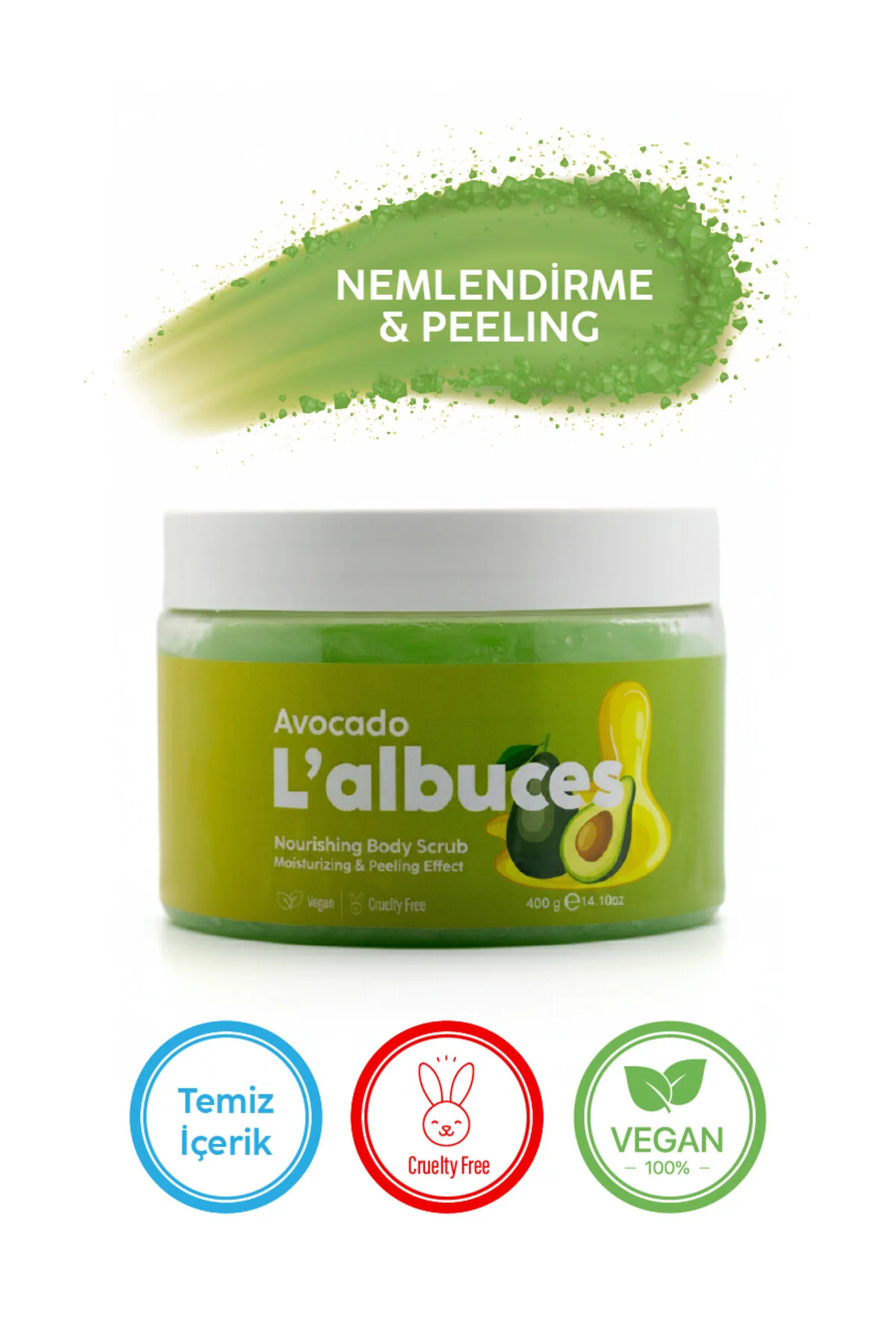 Avocado Body Scrub 400gr Vegan, Temiz İçerikli, Avokado Kokulu Pürüzsüz Cilt Bakımı