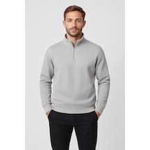 We&me Regular Fit Yarım Fermuarlı Dik Yaka Basic Sweatshirt Gri