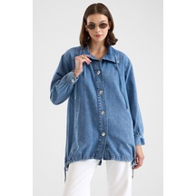 Olcay Eteği Büzgülü Bağcık Detaylı Oversize Ceket Mavi 8288