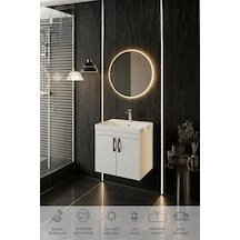 Ege 60 Cm Led Aynalı, 2 Kapaklı Banyo Dolabı Seti, Seramik Lavabo Dahil, Led'li Beyaz