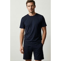 Elemge Pamuk Elastan Süprem Erkek Pijama Takımı Şort & T-shirt Rahat Kalıp Lacivert Cep İnce Compact Penye