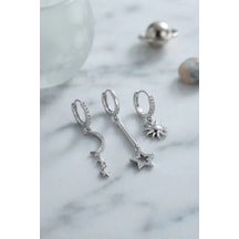 3 Lü Set Ay Yıldız Ve Güneş Model Gümüş Renk Kadın Küpe