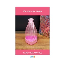 Pembe Kalpli Tül Kese Ve Simli Kalp Kutusu