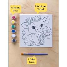 Tuval Boyama Aktivite Seti Sevimli İnek Baskılı 19x19 Cm Tuval, Fırça Ve 6 Renk Akrilik Boya Seti