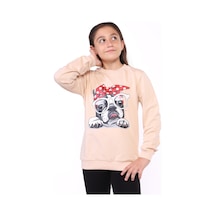 Toontoy Kız Çocuk Relax Fit Bisiklet Yaka Baskılı Sweatshirt - 2 İplik Bej