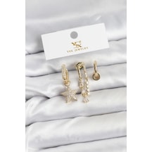Mey İthalat Pirinç Gold Renk Zirkon Taşlı Yıldız Vintage Model Ysx Trio Küpe Seti Çok Renkli