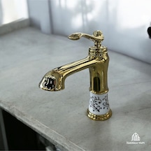 İsaoğlu Yapı Gold Vintage Lavabo Bataryası Porsalen Tasarım Pirinç Armatür Gold
