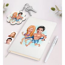 Kişiye Özel Sevgili Karikatürlü Beyaz Defter Kalem Ve Anahtarlık N11.15014