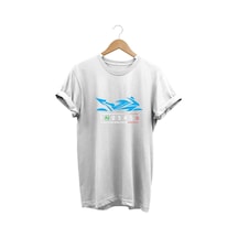 Blue Racing Motor - Mavi Yarış Motorsikleti Baskılı Tshirt Beyaz