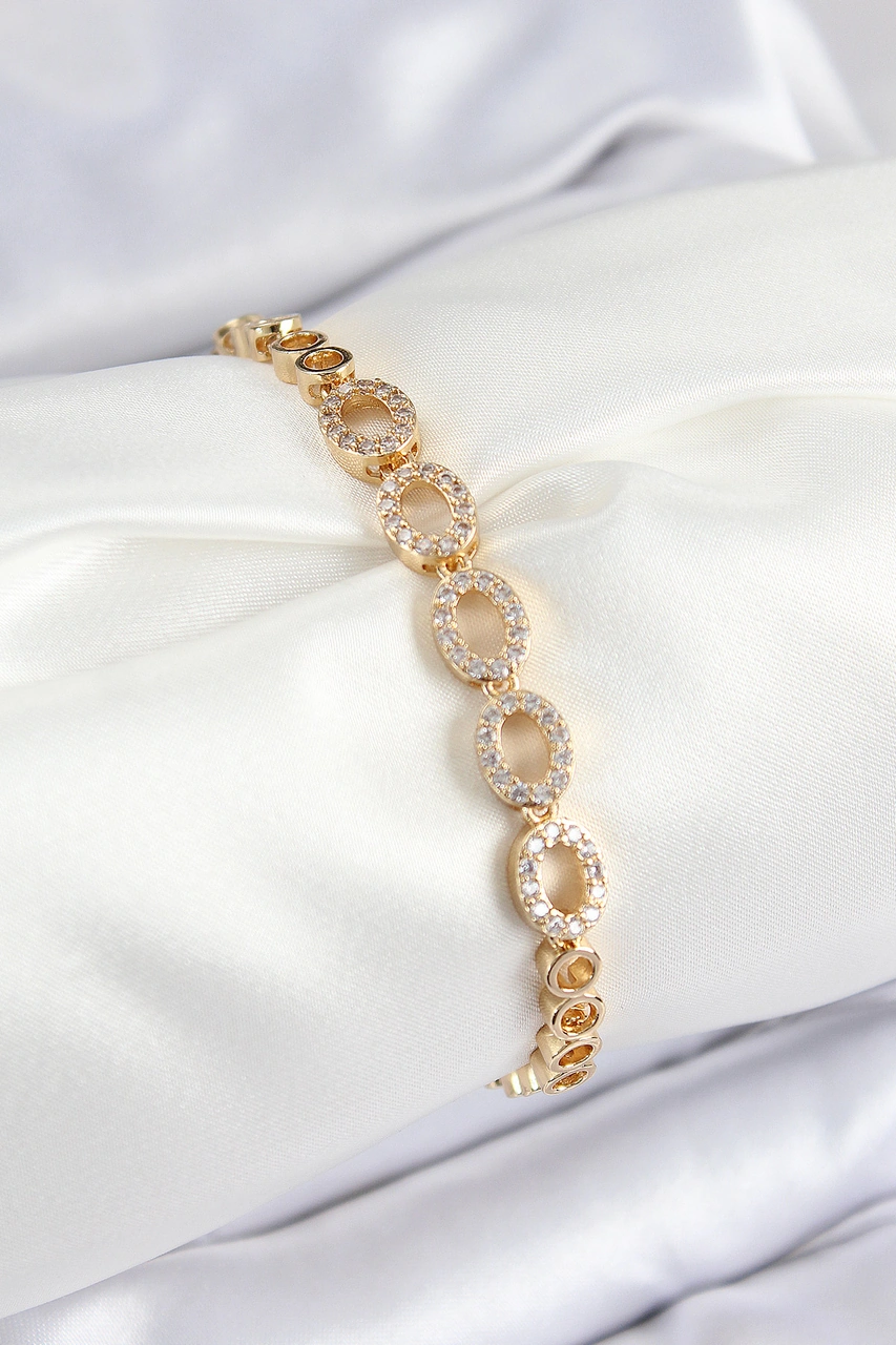 Pirinç Zirkon Taşlı Oval Model Gold Renk Kadın Bileklik Çelik