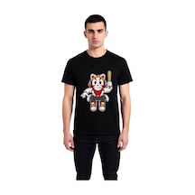 Paybuy Kedi Verili Beyzbol Şapkalı Baskılı Erkek Tişört Siyah