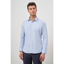 İmza Mavi Uzun Kol Kendinden Desenli Armürlü 032 Sert Yaka Classic Slim Fit Gömlek 1004245151 Mavi