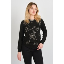 Sistas Kadın Desenli Bisiklet Yaka Uzun Kol Bluz 24611 Siyah Siyah