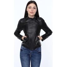 Hakiki Kuzu Derisi Kadın Yandan Fermuarlı Hakiki Deri Ceket Siyah Siyah