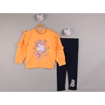 Kız Çocuk Unicorn Baskılı Taytlı Alt Üst Takım-1847-turuncu
