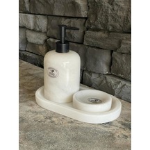 Beyaz Mermer Sıvı Sabunluk, Oval Tepsi. Katı Sabunluk 3'lü Set Siyah Aksesuarlı Beyaz