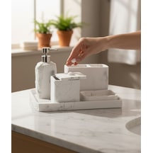 5 Parça Lüx Laduree Stonea Beyaz Silver Tepsili Banyo Seti-5651
