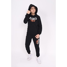 Toontoy Kids Toontoy Erkek Çocuk 2'li Takım Baskılı Kapüşonlu Cepli Sweatshirt & Beli Paçası Lastikli Cepli Jogger Eşofman Altı - 2 İplik Siyah