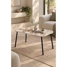 Sulorahome Siyah Metal Profil Ayaklı Mermer Desenli Beyaz Orta Sehpa 90x60 Cm Beyaz Mermer