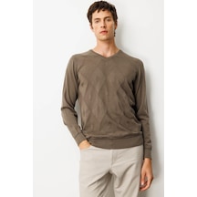 Erkek V Yaka Çizgili Baklavalı Yün Kazak Vizon Vizon