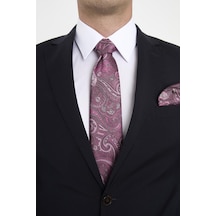 Brianze Pembe Şal Motif Desen Kravat Mendil Set Pembe