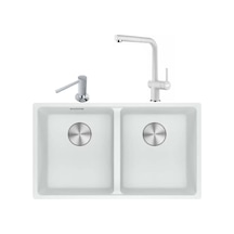 Franke Maris MRG 120-35-35 Bianco Granit Eviye + Active Plus Doccia 2.0 Armatür + Comfort Sıvı Sabunluk Üçlü Set