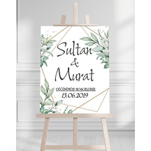Söz Nişan Düğün İçin 50x70 Karşılama Panosu - Yeşil Çiçek Tasarımlı 001 Beyaz