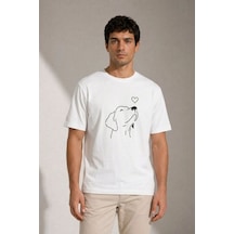 Erkek Köpek Figürlü Minimal Baskılı Tişört Kısa Kol Yazlık T-shirt - Beyaz